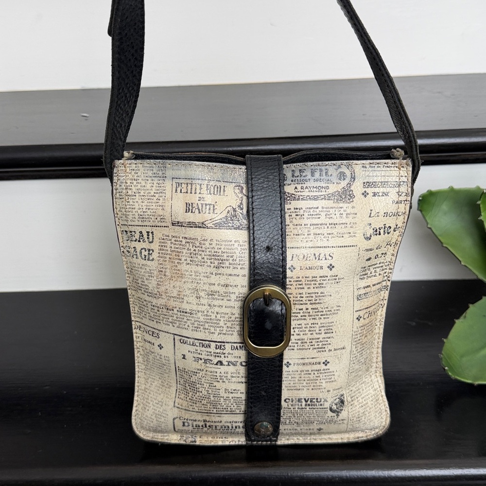 Patricia Nash Beige Newspaper Print Crossbody with Black Trim